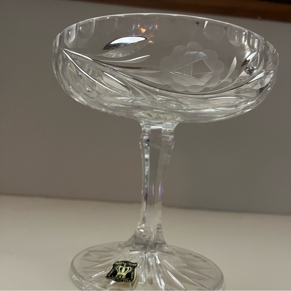 E&R Golden Crown Crystal Pedestal Candy Dish, Germany, Hand Cut Lead Crystal 6”